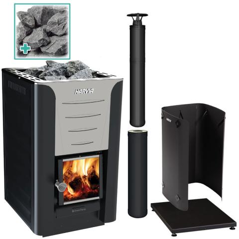 Harvia Pro 20 24kW wood burning sauna heater in black, designed for commercial and home wellness use.