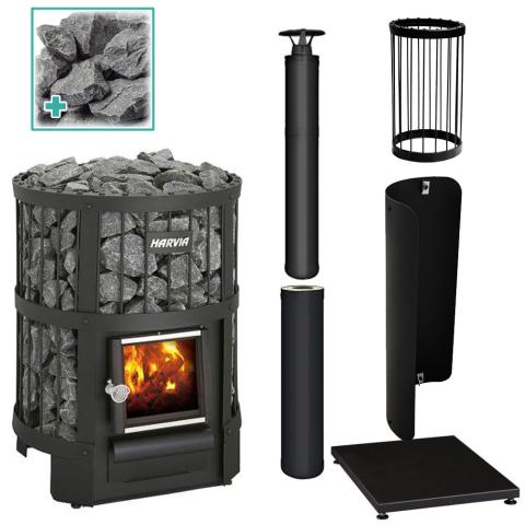 Harvia Legend 150 16kW wood-burning sauna stove with black and stainless steel chimney options