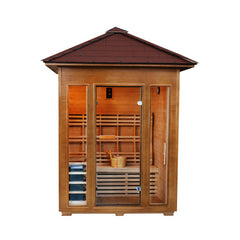 SunRay Waverly outdoor sauna for three, wooden design with glass doors and traditional roof.