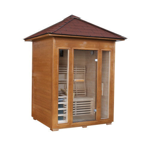 SunRay Waverly three-person outdoor sauna with wooden panels and a shingled roof.