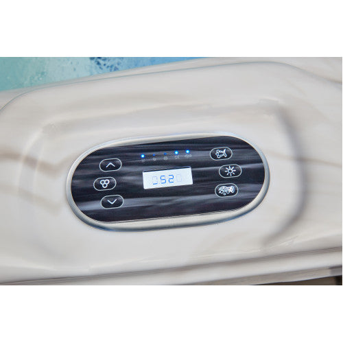 Luxury Spas 5-person hot tub with a modern design, blue interior, and integrated jets for ultimate relaxation.