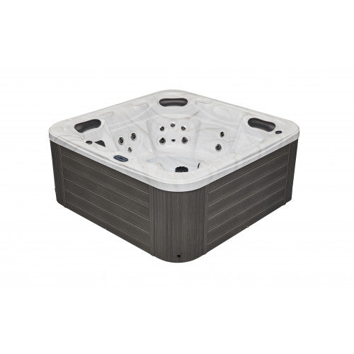 Luxury Spas Estes 5-person hot tub with dark gray exterior and built-in LED lights
