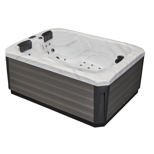 Luxury Spas Largo 3-person hot tub with sleek design, pebble finish, and built-in jets for relaxation.