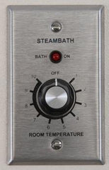 Dual room steam thermostat kit with stainless steel finish, featuring adjustable temperature dial and indicator light.