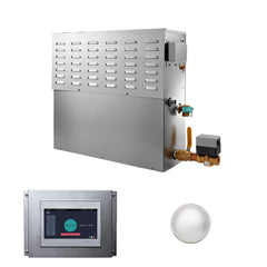 Stainless steel 48kW commercial steam generator with control panel, compatible with 208V, 240V, and 480V three-phase systems