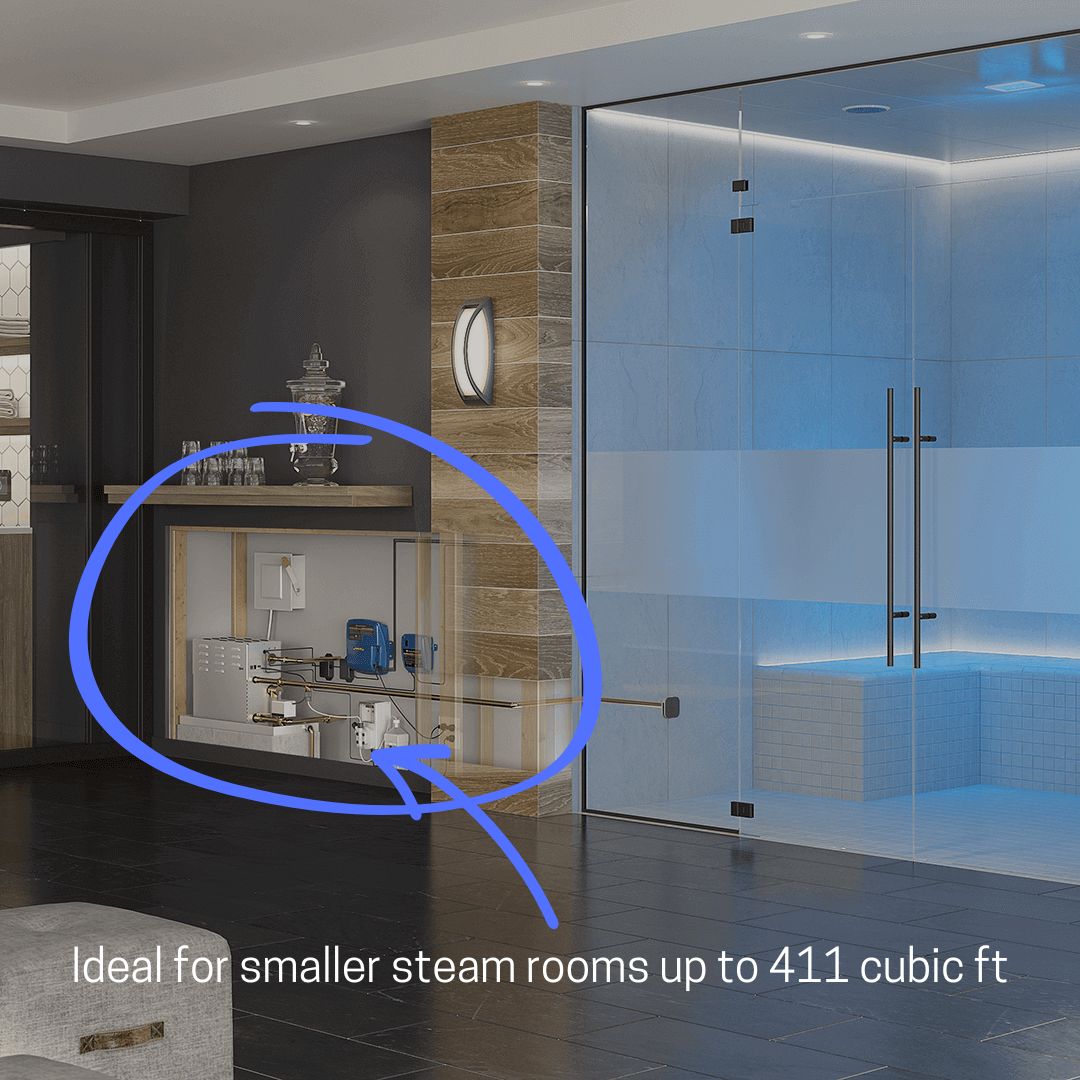 Mr.Steam CT12E Commercial Steam Generator 12kW in sleek stainless steel, featuring AromaSteam and autoflush system.