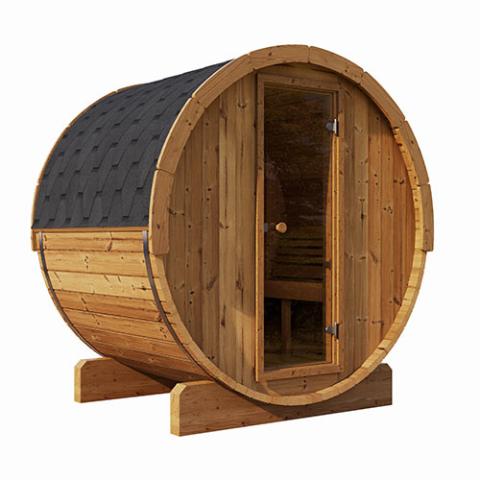 SaunaLife E6 Thermo-Spruce 3-person barrel sauna with cedar construction and 6'5'' height for backyard relaxation.