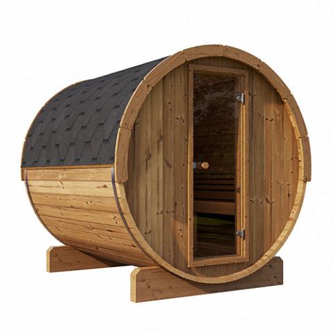 SaunaLife Model E8 outdoor barrel sauna in thermo-spruce, accommodating 6 people, featuring a rounded design.