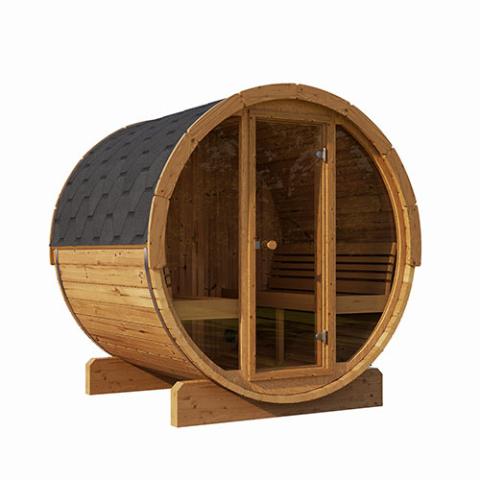 SaunaLife E8G premium barrel sauna in thermo-spruce with glass front, designed for 6 persons in a backyard setting.