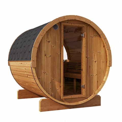SaunaLife E8W premium 6-person barrel sauna with a large window and dual floor drains, showcasing natural wood finish.
