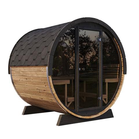 SaunaLife EE8G outdoor barrel sauna in thermo-spruce, 6-person capacity, 7'7" diameter, ideal for backyard use.
