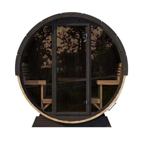 SaunaLife EE8G 6-person thermo-spruce barrel sauna in natural wood, outdoor 7'7'' diameter design for backyard use.