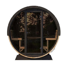 SaunaLife EE8G 6-person thermo-spruce barrel sauna in natural wood, outdoor 7'7'' diameter design for backyard use.