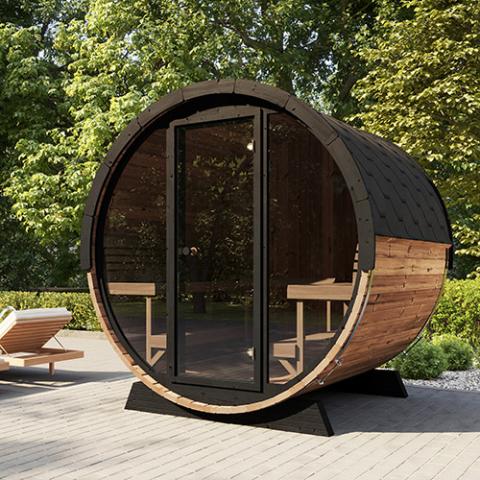 SaunaLife EE8G 6-person outdoor barrel sauna made of thermo-spruce, featuring a 7'7\" diameter design