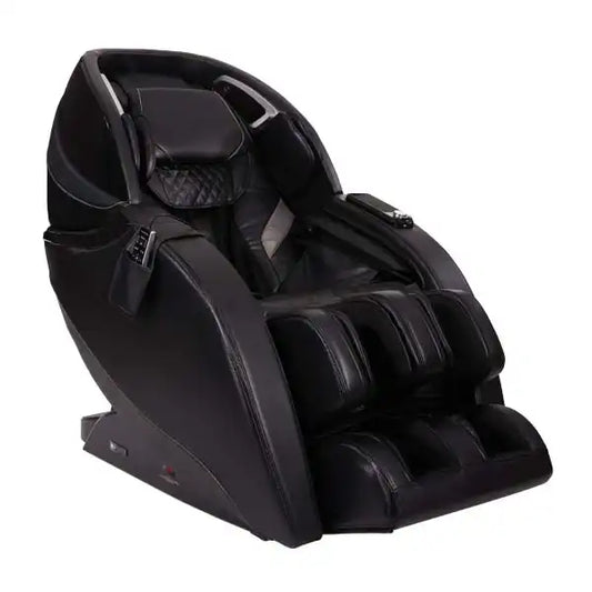 Infinity Evo Max 4D massage chair in black with adjustable recline and footrest for ultimate relaxation.