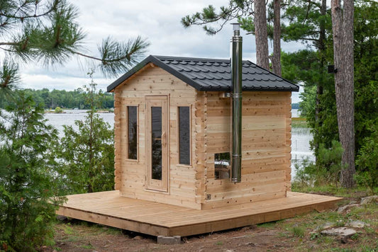 Dundalk cedar cabin sauna for 6 people with a metal roof in natural wood finish