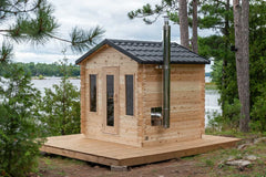 Dundalk cedar cabin sauna for 6 people with a metal roof in natural wood finish