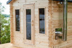 Dundalk 6-person cedar cabin sauna with metal roof, natural wood finish, designed for backyard use