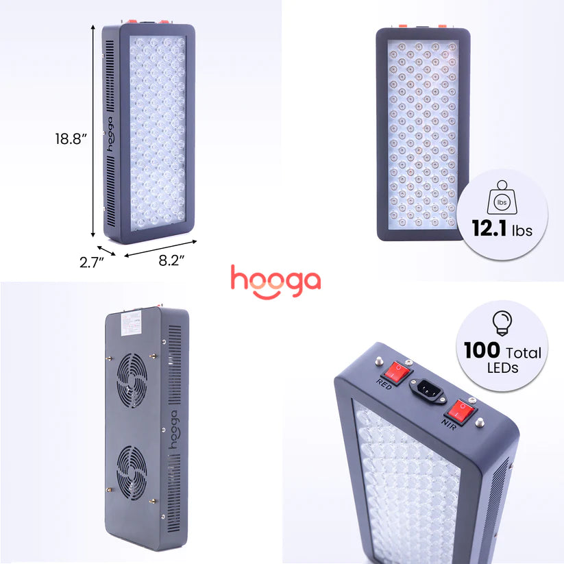 Hooga HG500 red light therapy device with sleek design and adjustable settings for home wellness treatments