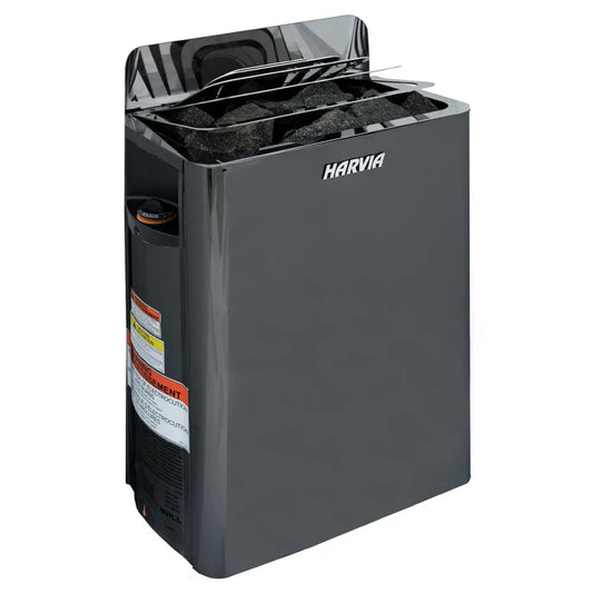 Harvia The Wall sauna heater in black steel, 6kW or 8kW options, designed for commercial spa and wellness use.