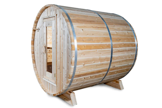 Natural wood barrel sauna for four by Dundalk Leisurecraft, featuring a rounded design and door.