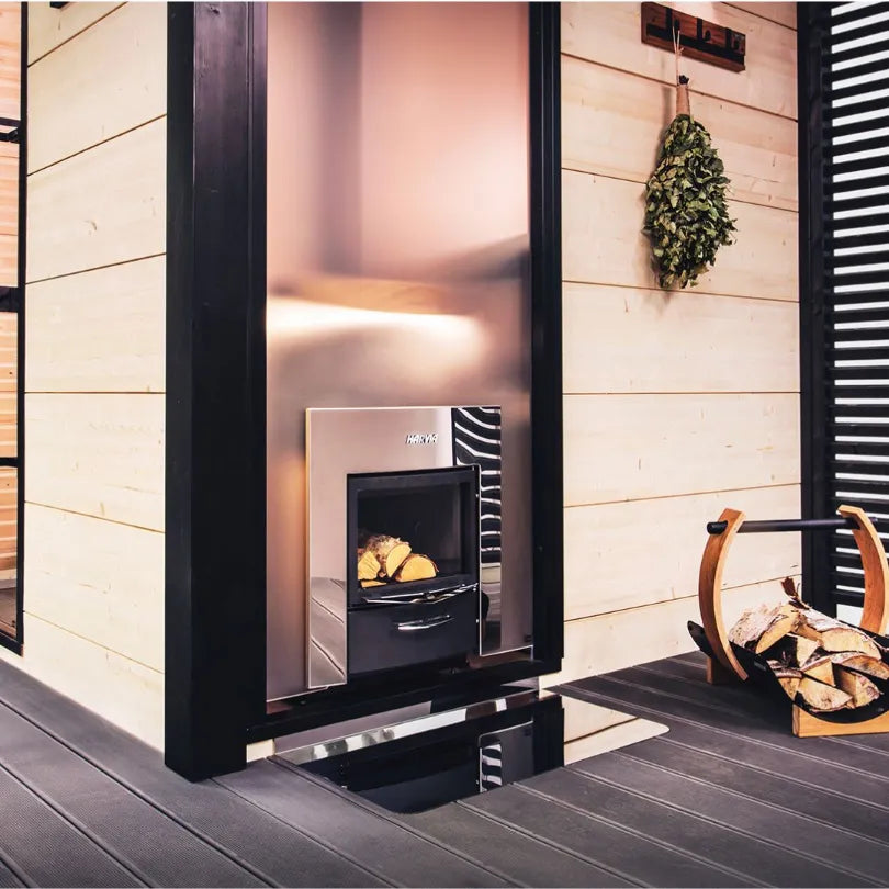 Harvia Legend 300 Duo wood-burning sauna stove and fireplace combo in sleek black, 23.5kW heating power.