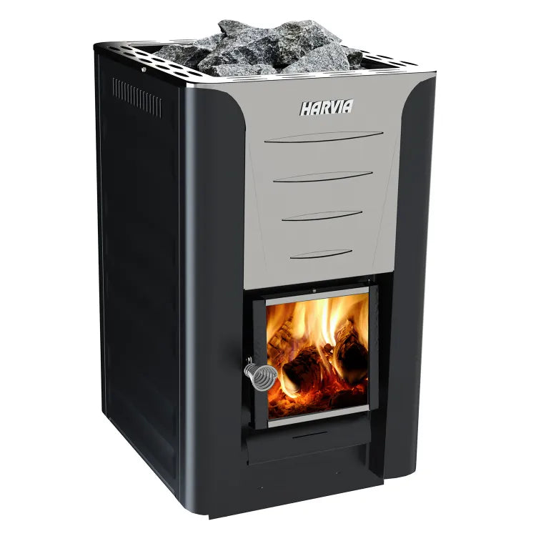 Harvia Pro 26 wood burning sauna heater in sleek black, designed for commercial use, 26kW power output.