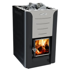 Harvia Pro 26 wood burning sauna heater in sleek black, designed for commercial use, 26kW power output.