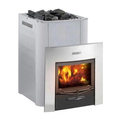 Harvia Pro Series 36 Duo wood burning sauna heater in sleek black design, 31kW, ideal for luxury spa environments