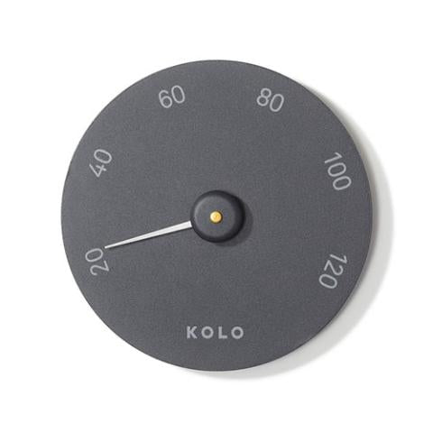 KOLO thermometer in sleek black design with large dial and clear numeric scale for easy reading.
