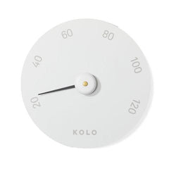 White KOLO thermometer with minimalistic dial and gold accent, indicating temperature ranges.