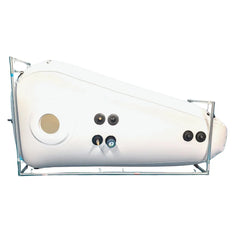 Portable long shoe hyperbaric chamber in navy blue by Newtowne Hyperbarics for therapeutic use.