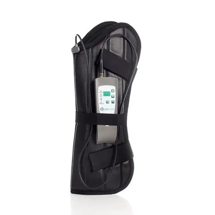 Black OMI Equine PEMF front leg wrap for horses, designed for therapy and support