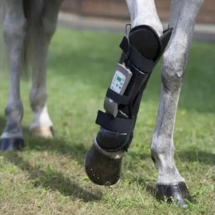 Black PEMF therapy leg wrap for horses by Oxford Medical Instruments, designed for front leg comfort and healing.