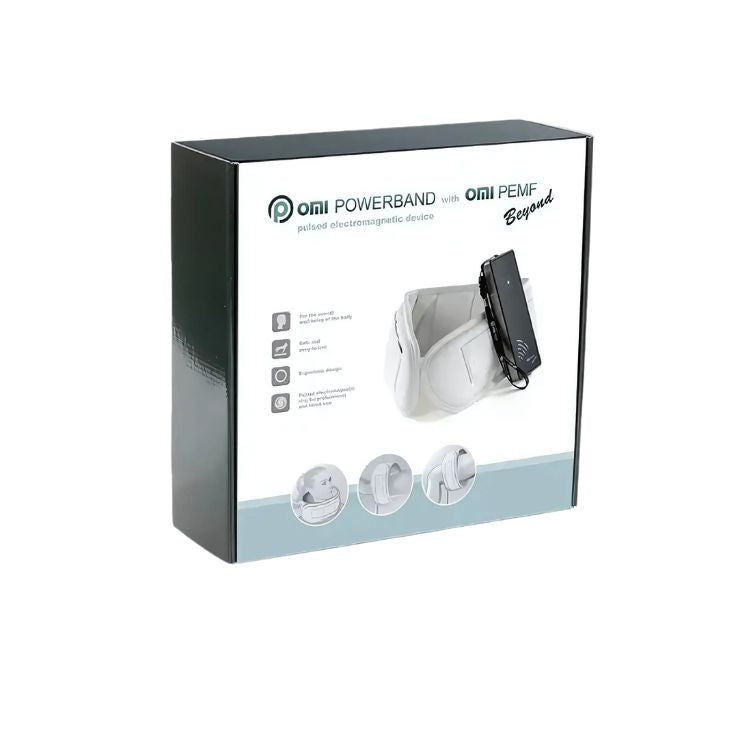 Black OMI PEMF Beyond Powerband therapy device with adjustable fit and sleek design for pain relief.