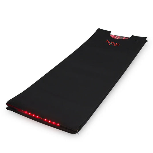 Hooga Red Light Therapy Full Body Pod XL, sleek design, bright red light, ideal for home wellness and chronic pain relief.