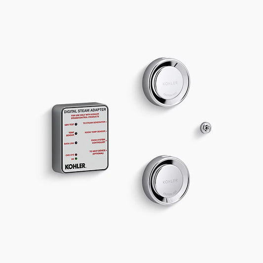 Kohler digital steam adapter with polished chrome finish and control knobs.