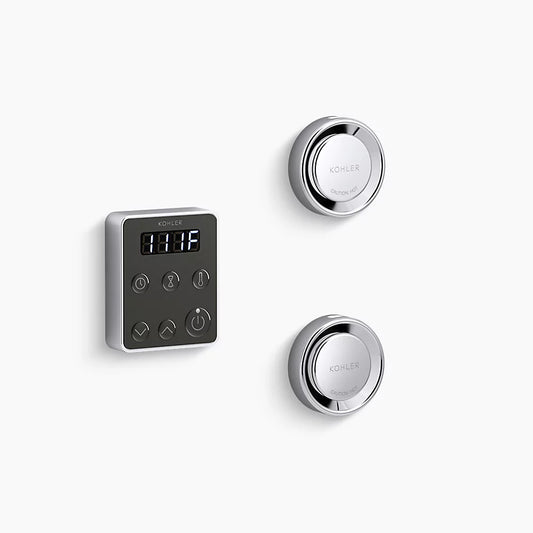 Kohler K-5558 digital thermostat with polished chrome knobs and display for temperature control.