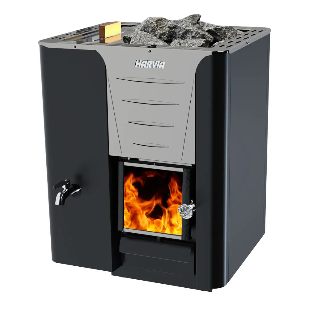 Harvia Pro Series 20 wood stove sauna heater with 30L water tank, featuring a sleek design in stainless steel.