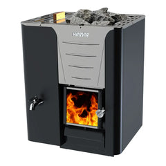Harvia Pro Series 20 wood stove sauna heater with 30L water tank, featuring a sleek design in stainless steel.