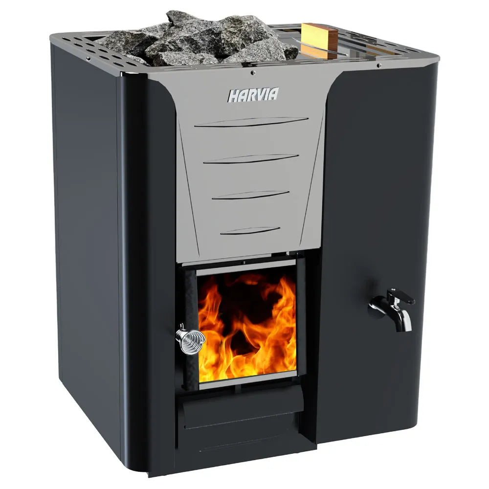 Harvia Pro Series 20 wood stove sauna heater with 30L water tank, sleek black design, suitable for commercial use.