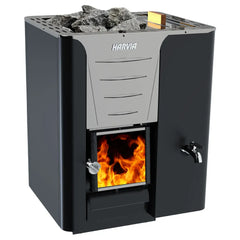 Harvia Pro Series 20 wood stove sauna heater with 30L water tank, sleek black design, suitable for commercial use.