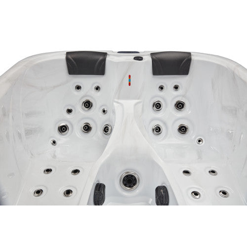 Luxury Spas Largo three-person hot tub with elegant design and soothing jets in a modern outdoor setting