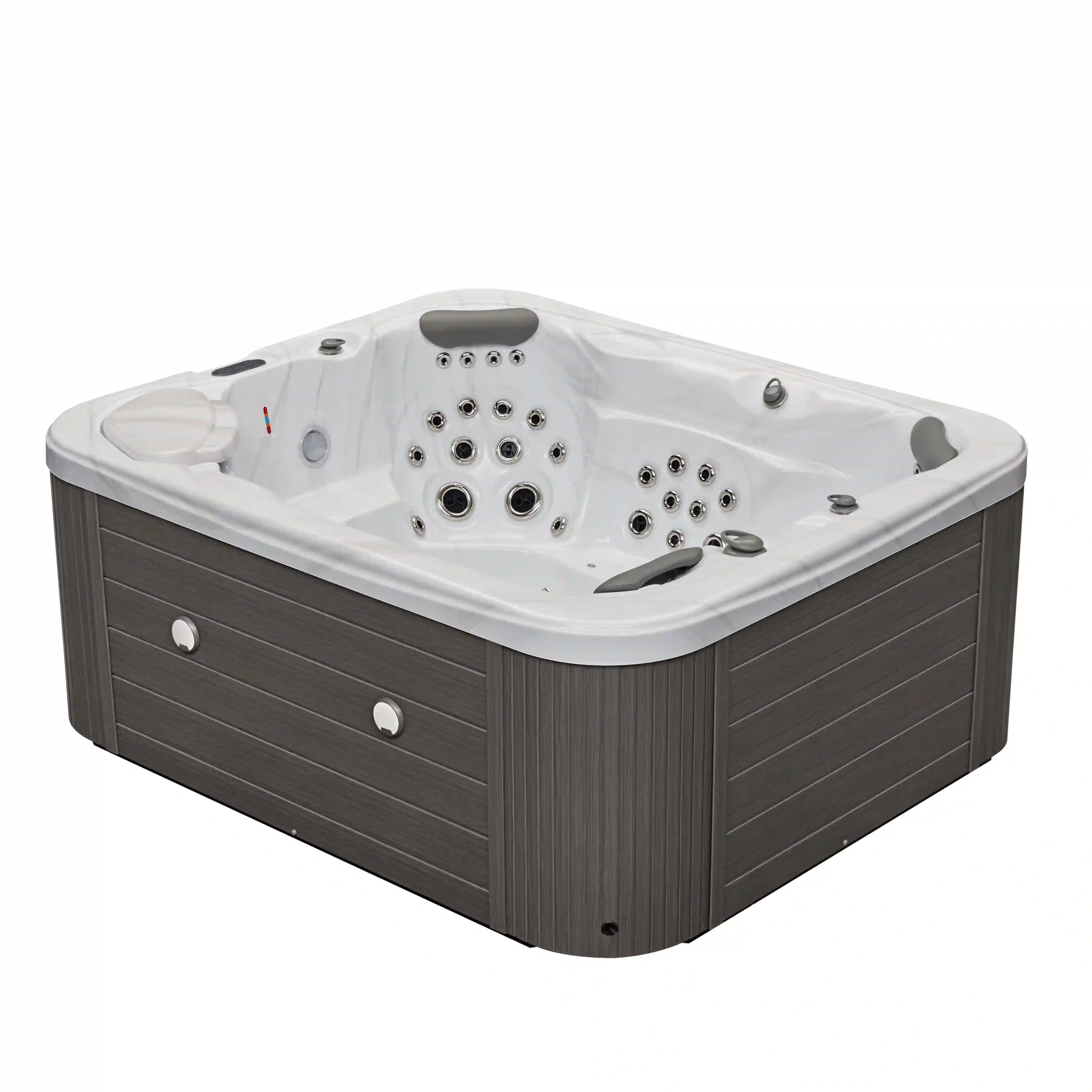 Luxury Spas Danika 5-person hot tub with gray exterior and built-in LED lights, perfect for relaxation and wellness.