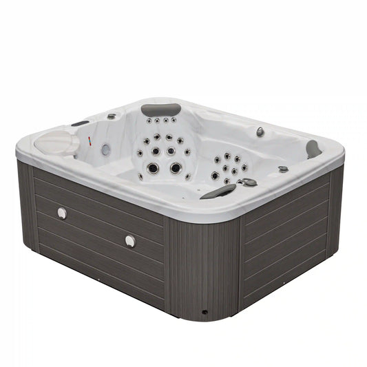 Luxury Spas Danika 5-person hot tub with gray exterior and built-in LED lights, perfect for relaxation and wellness.