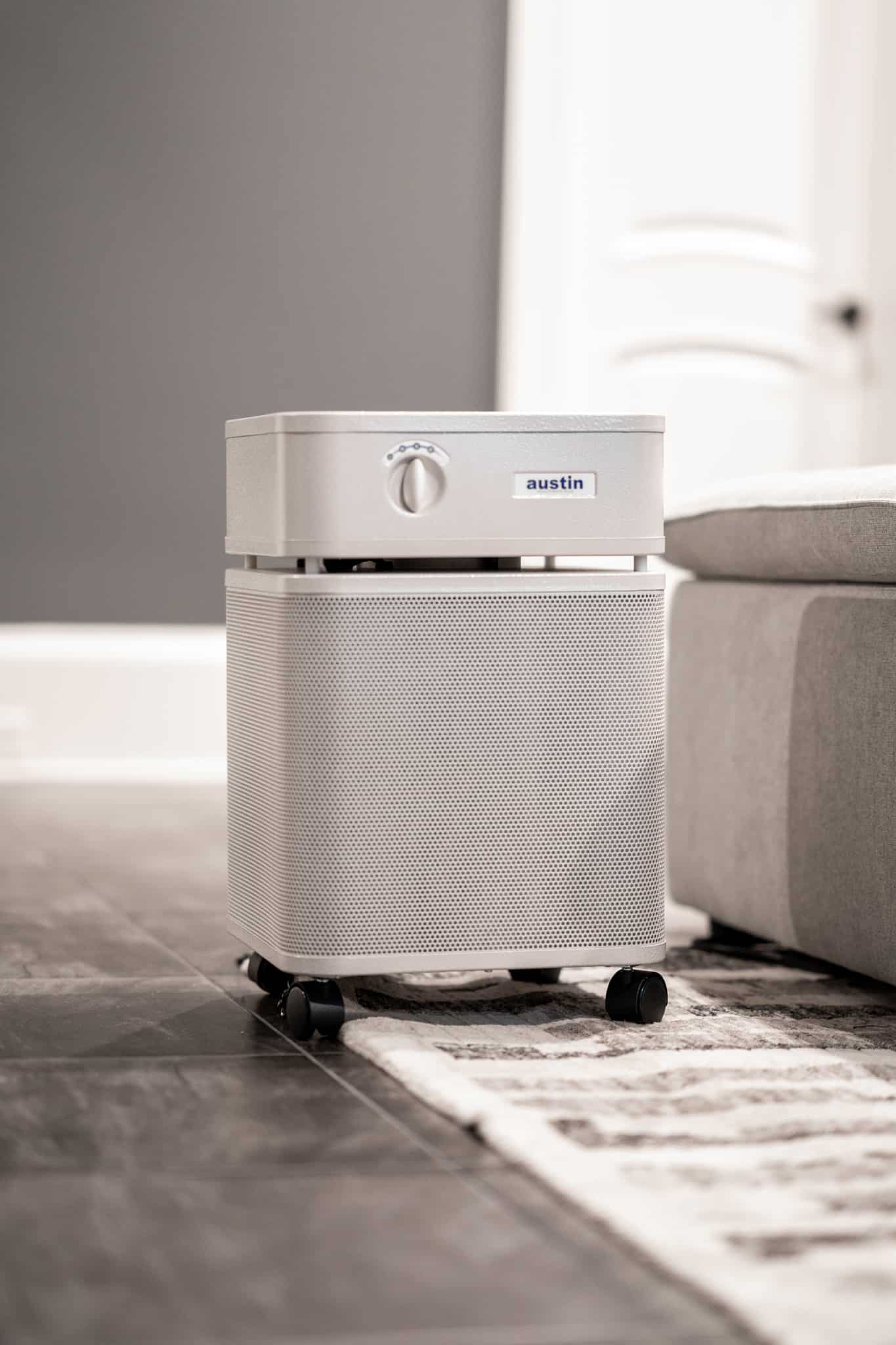 Austin Air Allergy Machine air purifier in sandstone with a sleek design, designed for allergy relief and improved air quali