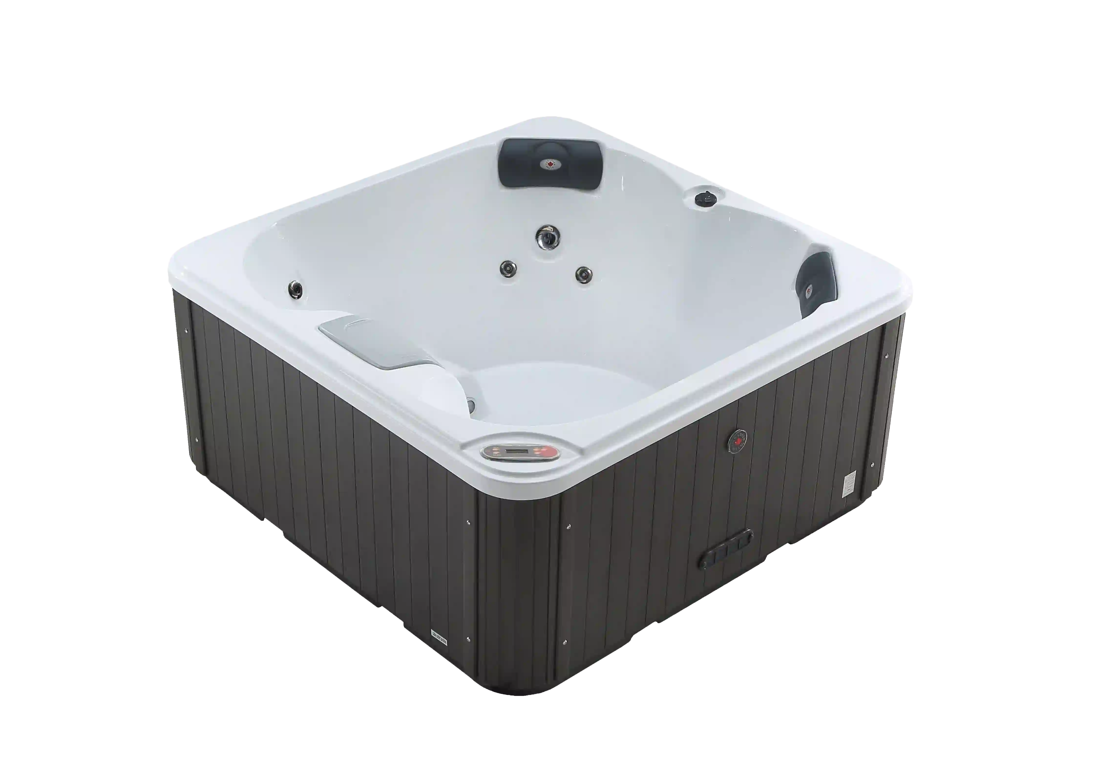 Canadian Spa Saskatoon 4-person hot tub with 12 jets, compact design, white exterior, ideal for backyard relaxation.