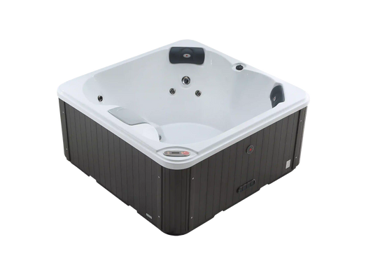 Canadian Spa Saskatoon 4-person hot tub with 12 jets, compact design, white exterior, ideal for backyard relaxation.