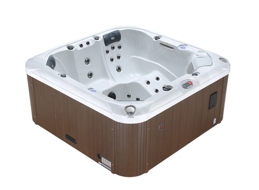Canadian Spa Cambridge 6-person hot tub with 34 jets and a modern brown and white design.