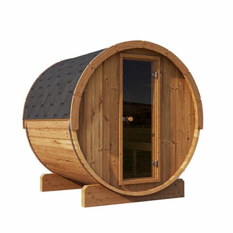 SaunaLife Model E7 outdoor barrel sauna in thermo-spruce, accommodating 4 people with a 6'5" interior height.
